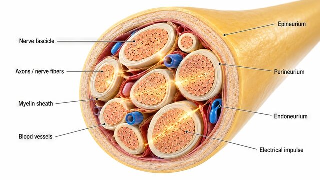 Anatomical cross section of a peripheral nerve fiber bundle showing internal structure. Scientific illustration of nerve fascicle with myelin sheath, axon, and blood vessel for education