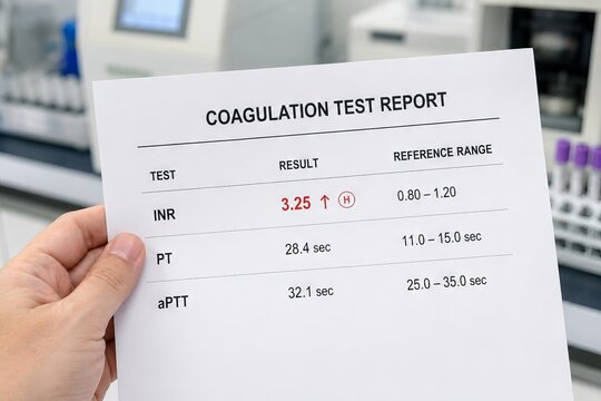 Man holding lab document with abnormal coagulation test report. Medical analysis of INR, PT and aPTT values in clinical laboratory. Healthcare professional checking blood clotting result