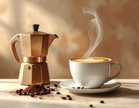 Traditional coffee brewer with ground beans and cup.