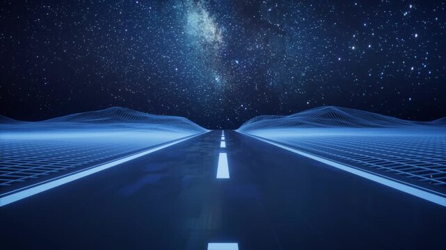 A mesmerizing journey along a glowing digital highway under a starry night sky, with futuristic wireframe landscapes in a seamless loop motion.