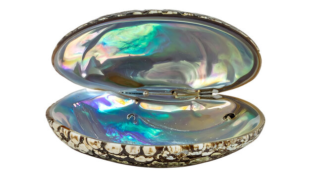 Open abalone shell with iridescent nacre interior showing rainbow colors, isolated on white