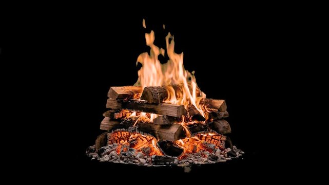 A well-structured pile of wooden logs burns with bright orange flames and glowing charcoal embers against a solid black background. This high-contrast, pre-keyed style fire asset is perfect for easy c