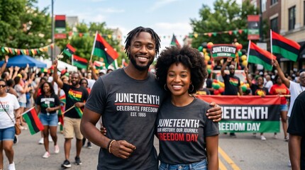 Naklejka premium Smiling man and woman wearing Juneteenth t-shirts during a parade. African American couple standing together at a celebration of freedom. Community holiday event with march and flags