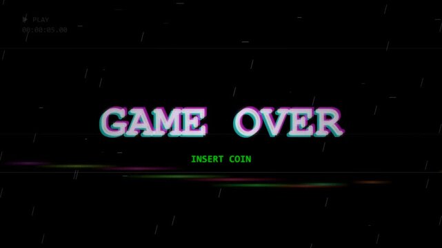 Game over glitch retro arcade screen with insert coin message