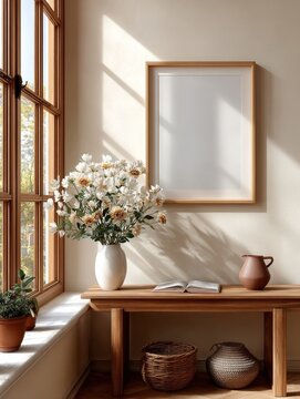Minimalist cozy home wall mockup with single thin A4 vertical frame, blank matte placeholder on warm off-white wall, soft studio lighting, ample negative space, modern interior design concept