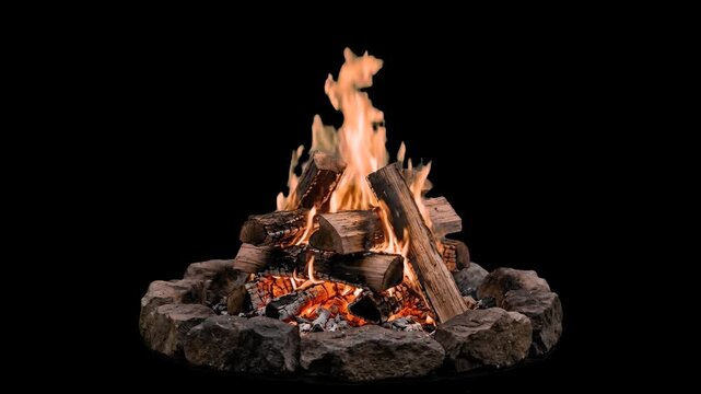 A well-structured pile of wooden logs burns with bright orange flames and glowing charcoal embers against a solid black background. This high-contrast, pre-keyed style fire asset is perfect for easy c