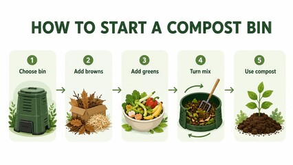 Obraz premium Infographic showing how to start a compost bin. Step by step guide for organic waste recycling at home. Gardening illustration for sustainable living and soil enrichment lifestyle
