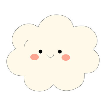 Cute Kawaii Cloud Cartoon Illustration with Smiling Face for Nursery, Weather, and Kids Design