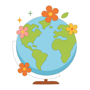 Cute Earth Globe with Flowers Cartoon Illustration for Nature, Geography, and Earth Day Design