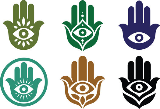 Collection of six Hamsa hand and evil eye icon designs featuring spiritual protection symbols,