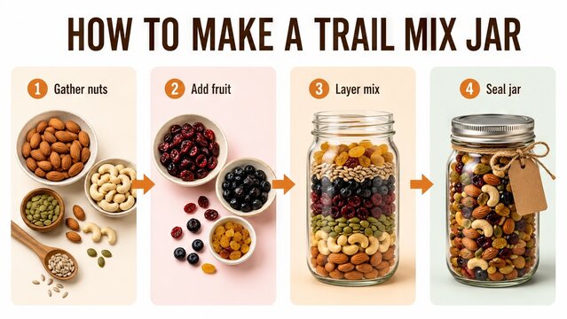 Step by step infographic showing how to make a trail mix jar. Process from gathering nuts and dried fruit to layering ingredients into a glass container for healthy snack preparation