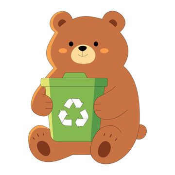 Cute Teddy Bear Holding Recycling Bin Cartoon Illustration for Eco Friendly Sustainability and Environmental Awareness Design