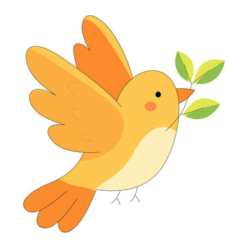 Cute Yellow Bird Carrying Leaf Branch Cartoon Illustration for Peace Nature and Eco Friendly Spring Design