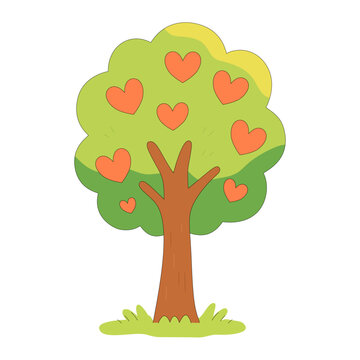 Cute Heart Tree Cartoon Illustration with Love Hearts and Nature Theme for Valentine Design