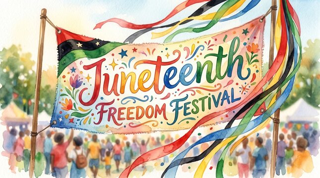 Juneteenth freedom festival banner with colorful streamers waving in the air. Artistic community gathering for historic holiday celebration. Vibrant watercolor illustration festive theme