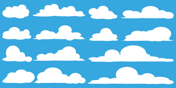 set of vector illustrations of clumpy clouds, cloud bubbles in flat style on a blue background	
