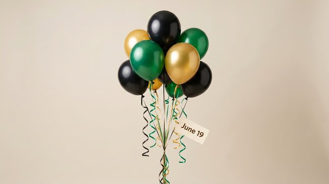 Balloon bouquet in black, green, and gold colors for Juneteenth celebration. Festive decoration with ribbon and label marking the date of emancipation freedom and cultural heritage