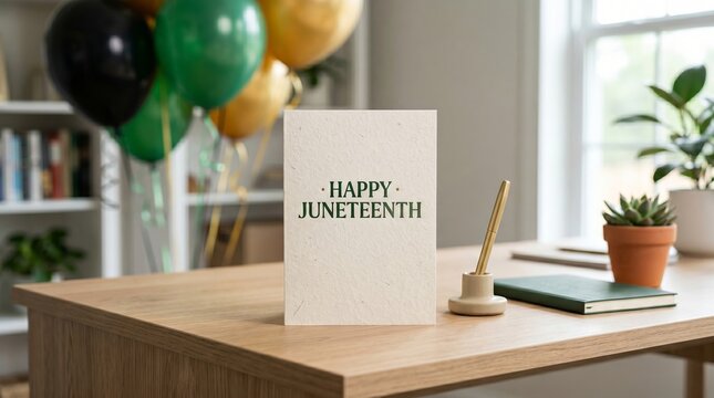 Juneteenth greeting card standing on a wooden desk. ??????????? stationery with celebration balloons and pen. Symbolic decor for Freedom Day honoring African American cultural history