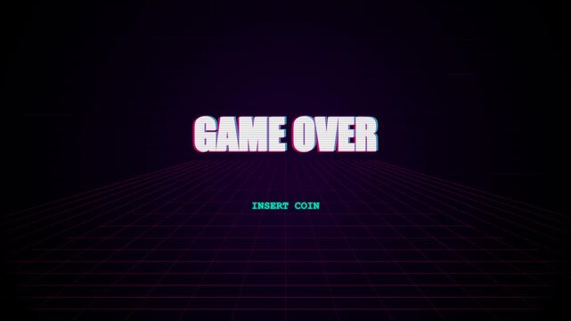 Retro gaming game over glitch text on purple neon grid