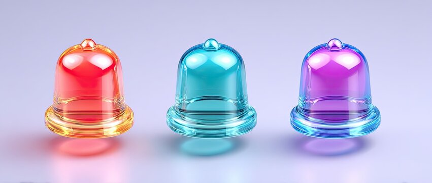Three colorful plastic preforms for bottles on a light background.