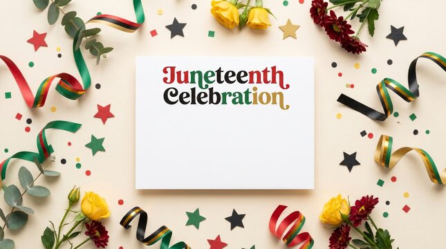 Juneteenth celebration greeting card with copy space and festive decorations. Top view of paper note surrounded by flowers, ribbons, and confetti for African American holiday event