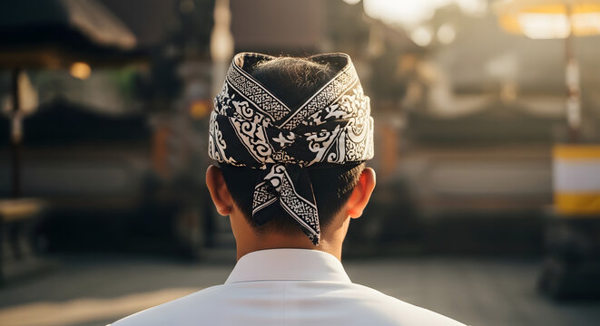 Rear view of a Balinese man wearing traditional udeng headwear 