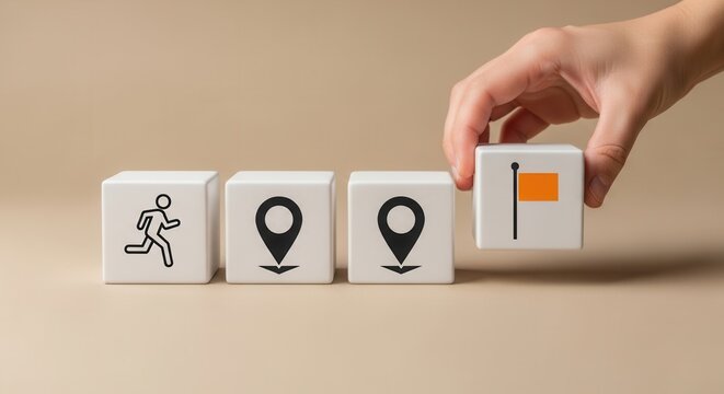 Hand placing goal icon in journey sequence with runner and location markers