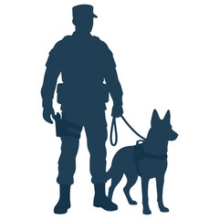 Silhouette of a police officer or soldier with a service dog on a leash silhouette military © Nisha