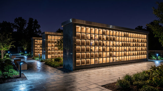 Columbarium wall in a cemetery at night. Illuminated niches with urns for ashes of the deceased. Peaceful memorial park garden setting for remembrance, reflection, and honoring of lost loved ones