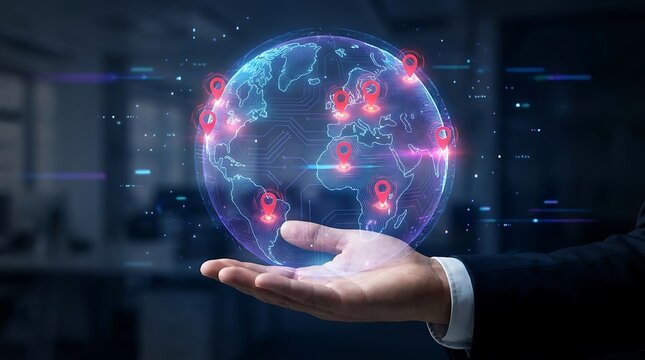 Digital globe with location pins held in a businessman's hand