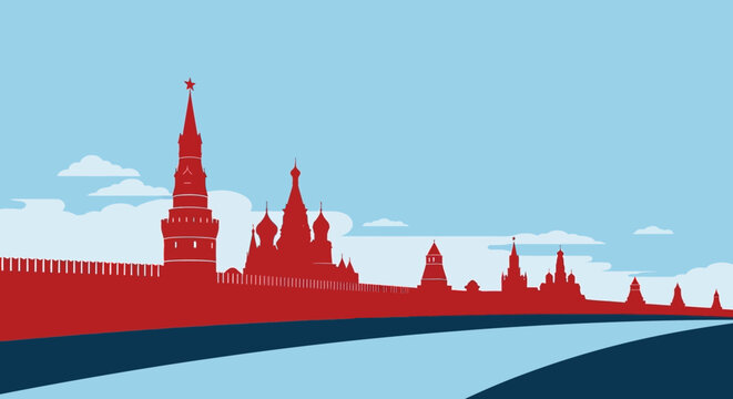 Moscow skyline illustration, red silhouette of Kremlin buildings over blue river