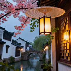 Fototapeta premium Jiangnan Water Town At Dusk With Cherry Blossoms And Lanterns