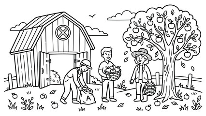 Line art illustration of farmers gathering apple harvest near rustic barn and old tree. © MdJubayer