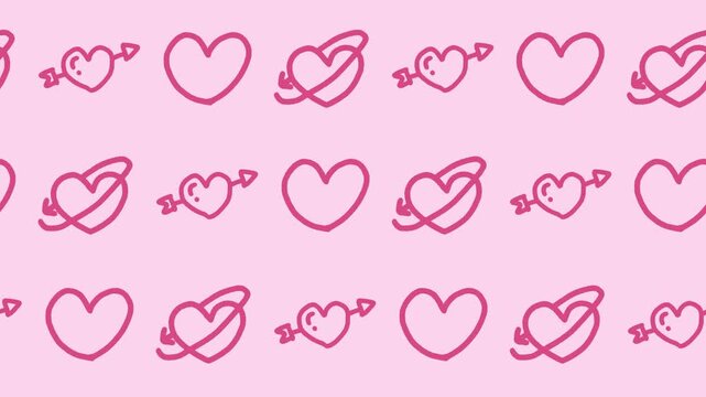 Seamless pattern of hand-drawn pink cupid hearts and arrows on a light pink background animation for romantic Valentine Day line art wallpaper and minimalist wedding romance backdrop.