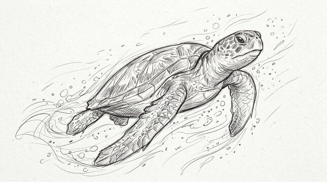 Sea Turtle Swimming Pencil Sketch Digital Art