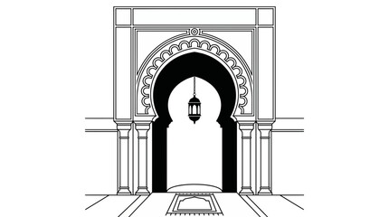 Fototapeta premium Black and white illustration of a traditional Islamic mosque archway entrance.