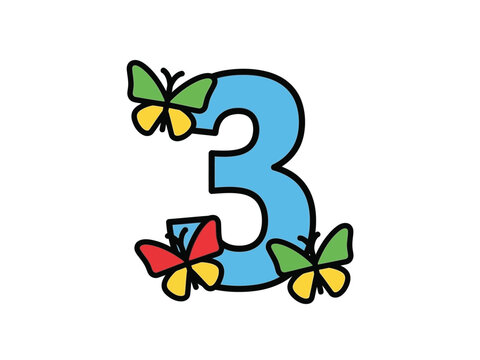 Cute blue number three with colorful butterflies.