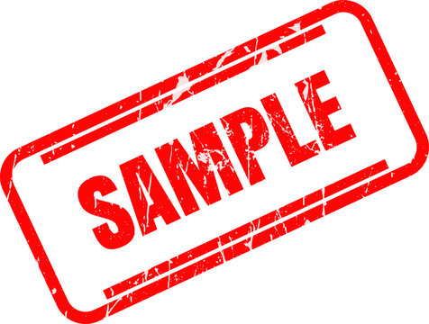 Red rectangular rubber stamp mark with the word sample written in distressed bold ink texture