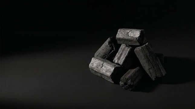 Pile of natural wood charcoal briquettes isolated on a dark black background with moody lighting.