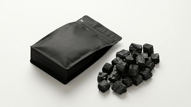 Matte black stand-up pouch mockup with natural charcoal pieces on a white background