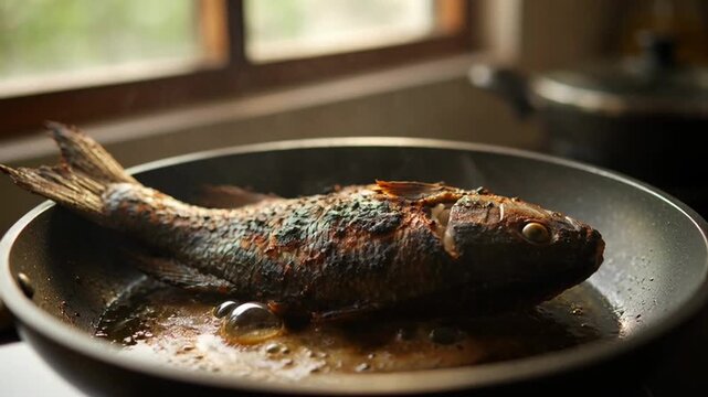 Whole smoke fish frying in a skillet with rising steam in a domestic kitchen setting during food preparation