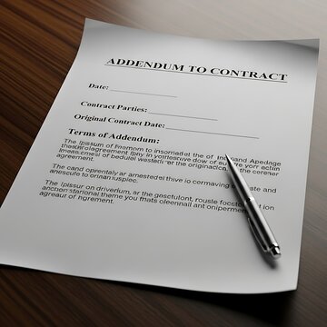 Addendum to contract document with pen on wooden desk.