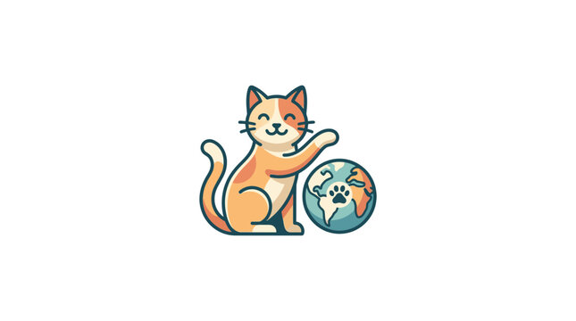 Cute Cat Touching Earth Globe with Paw Print Icon
