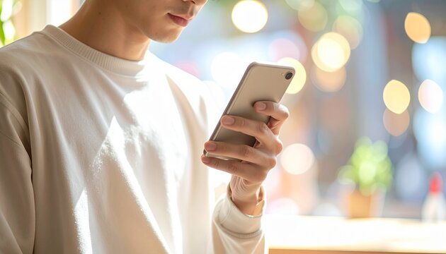 健康アプリを片手でスクロールする日本人・リビング室内・顔なし胸元構図 / Japanese Person One-Hand Scrolling Health Wellness App &mdash; Chest-Up Frame, Face Excluded, Soft Living Room Bokeh, Healthcare Digital Lifestyle, Natural Light