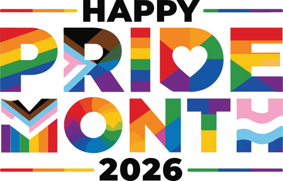Happy Pride Month 2026 text isolated, LGBTQIA flag logo
