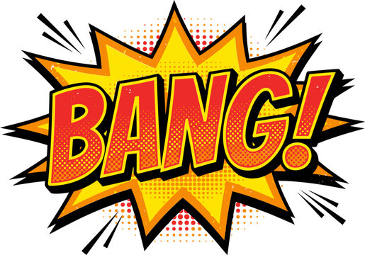 Retro comic book bang sound effect, vintage pop art explosion with halftone dots, red and yellow superhero speech bubble vector illustration