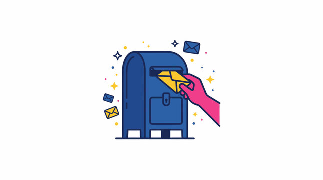 Hand Mailing Yellow Envelope into Blue Mailbox with Stars and Confetti