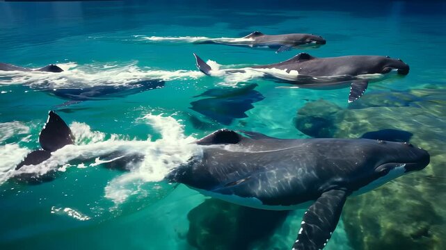 a group of whales swimming in the ocean.