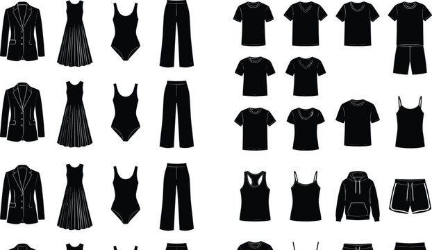 Black, silhouette, collection, of, clothing, apparel, items, fashion, garments, vector, t-shirts, dresses, jackets, trousers, isolated, white, background, set, icons, illustration.