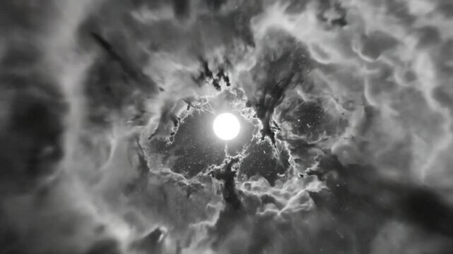 Surreal skull face morphing into a cosmic nebula with shimmering stars in black and white surrealism